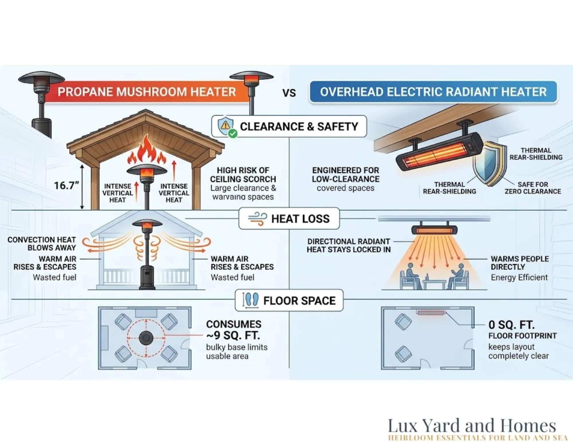 Infographic showing wattage calculations and overhead heater layout for a 10x12 foot covered deck.