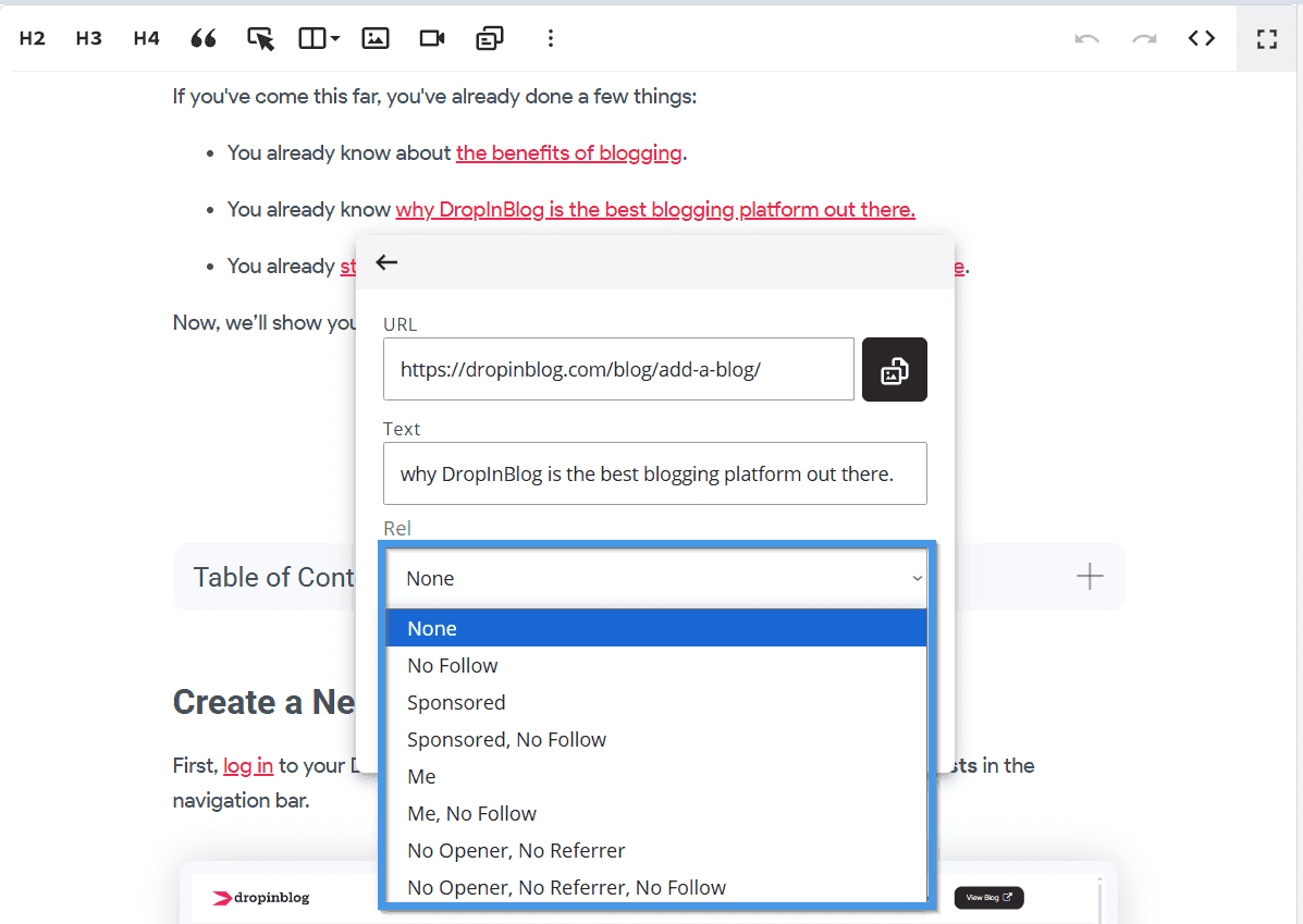 Supported link relationship attributes within the DropInBlog editor