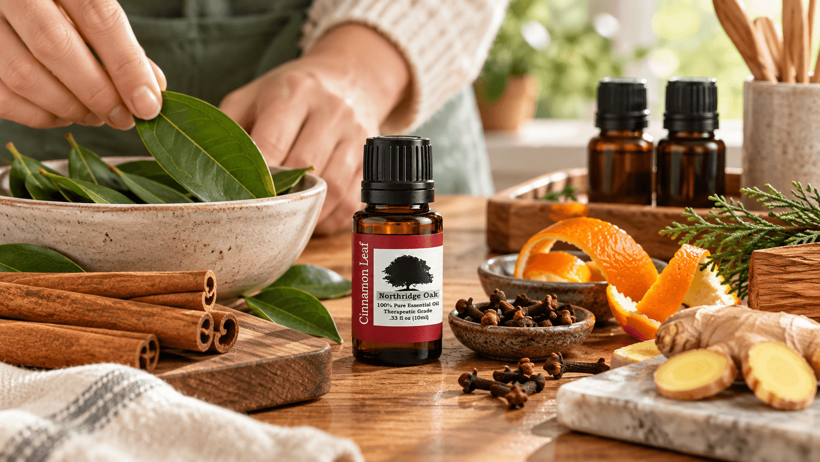 Cinnamon Leaf essential oil with orange, clove, ginger, cedar and cinnamon leaves at a blending table