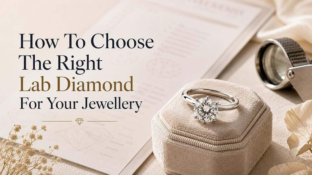 Lab-grown diamond engagement ring beside a softly blurred grading report, representing diamond certification and buyer confidence.