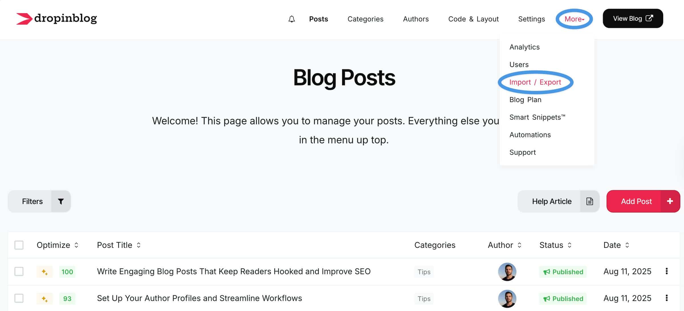 Accessing the Import/Export tool in DropInBlog