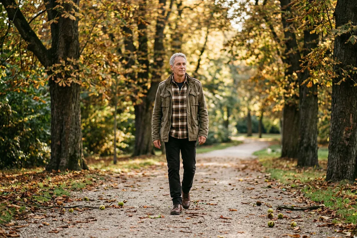 Man in his late fifties walking under horse chestnut trees in a park in the fall