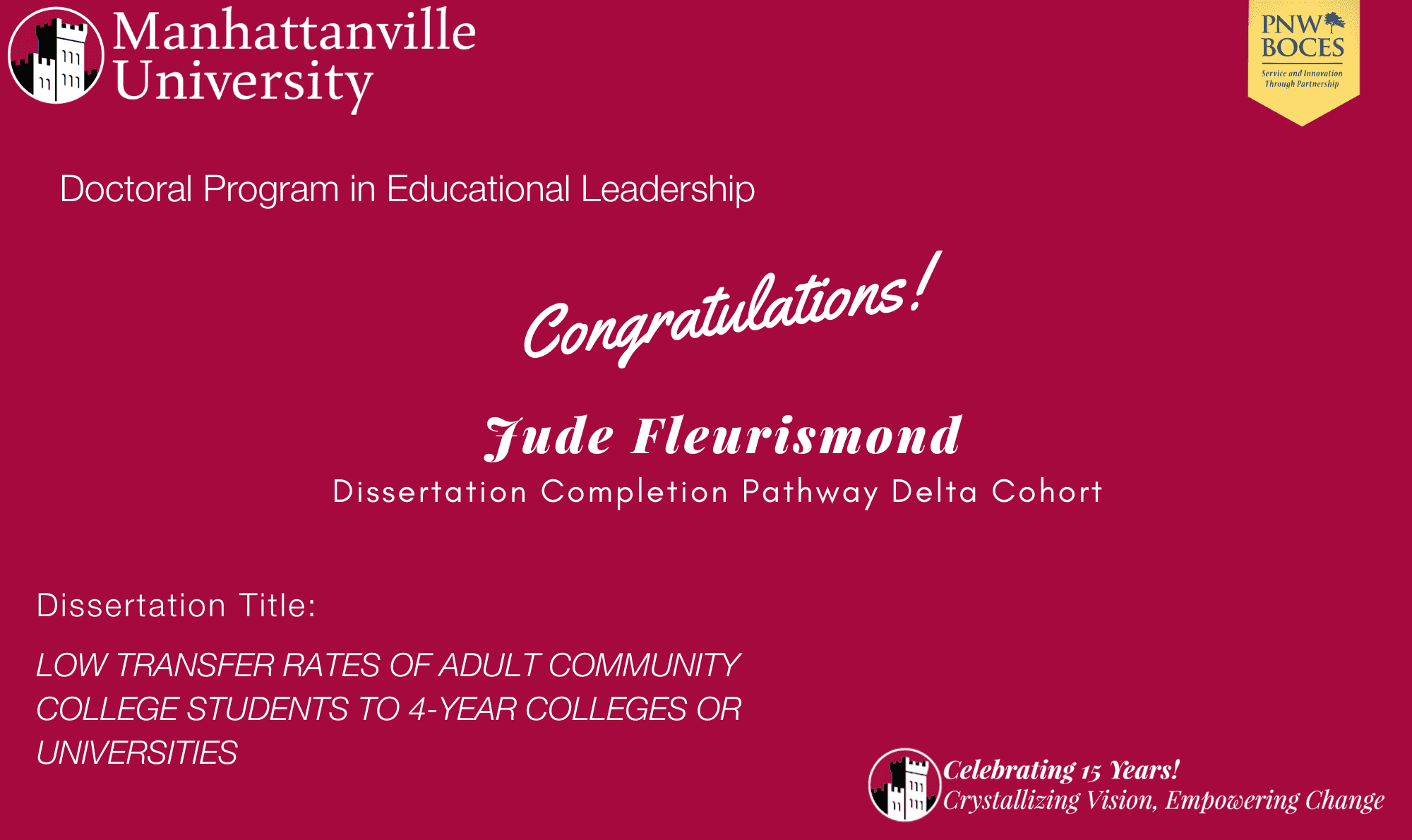Successful Final Dissertation Defense - Congratulations to Jude Fleurismond!