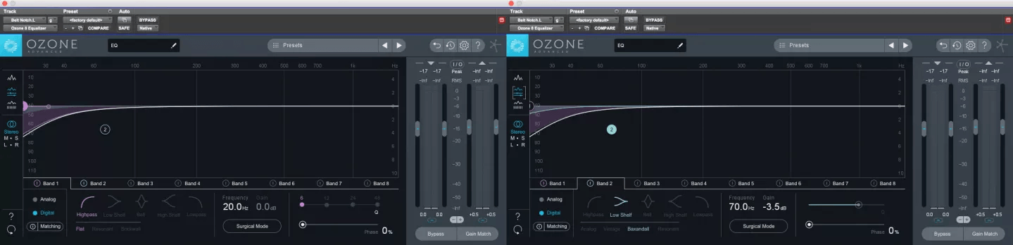“Belt Notch” subtractive EQ settings using Ozone 8 Equalizer