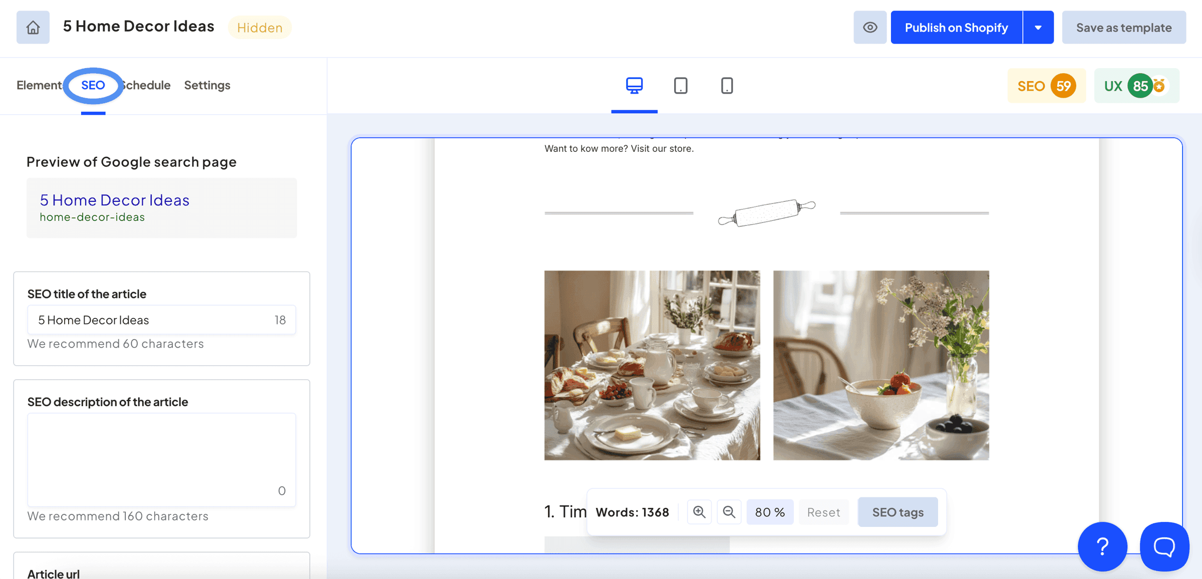 Bloggle editor: SEO settings