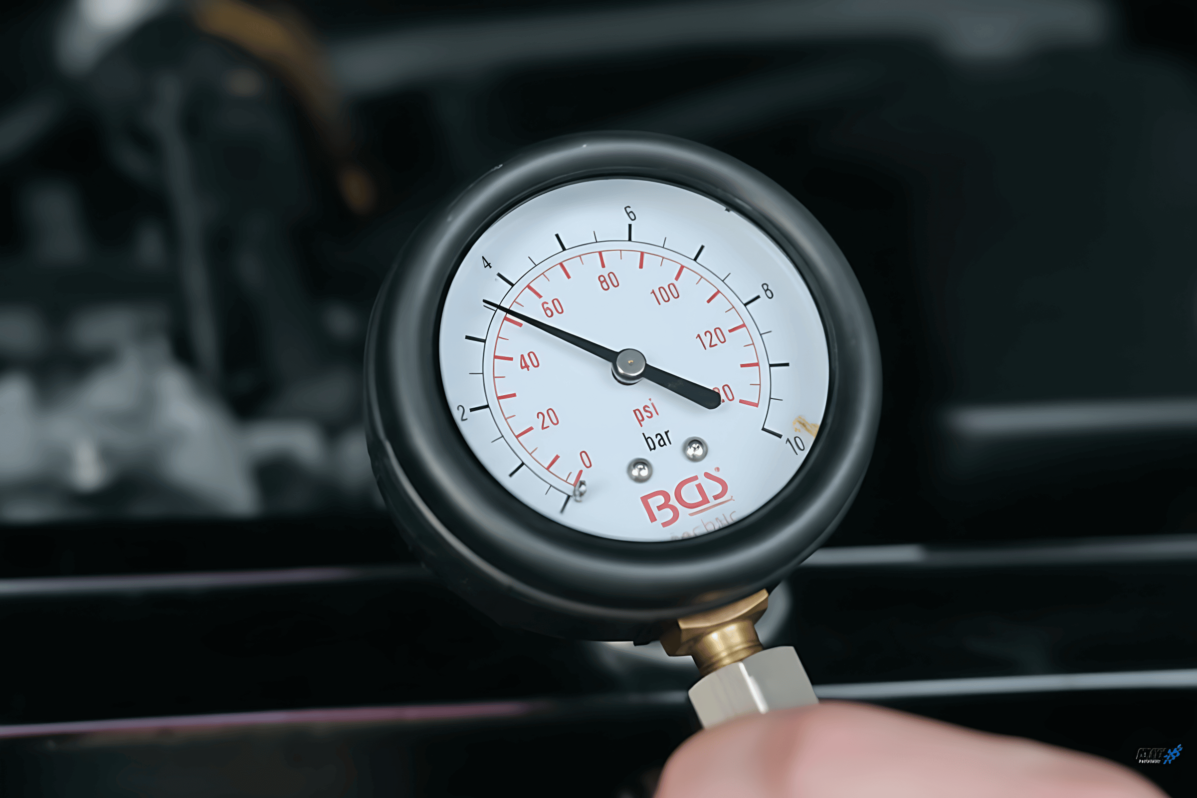 Öldruckmanometer zeigt zwischen 3 und 4 bar an