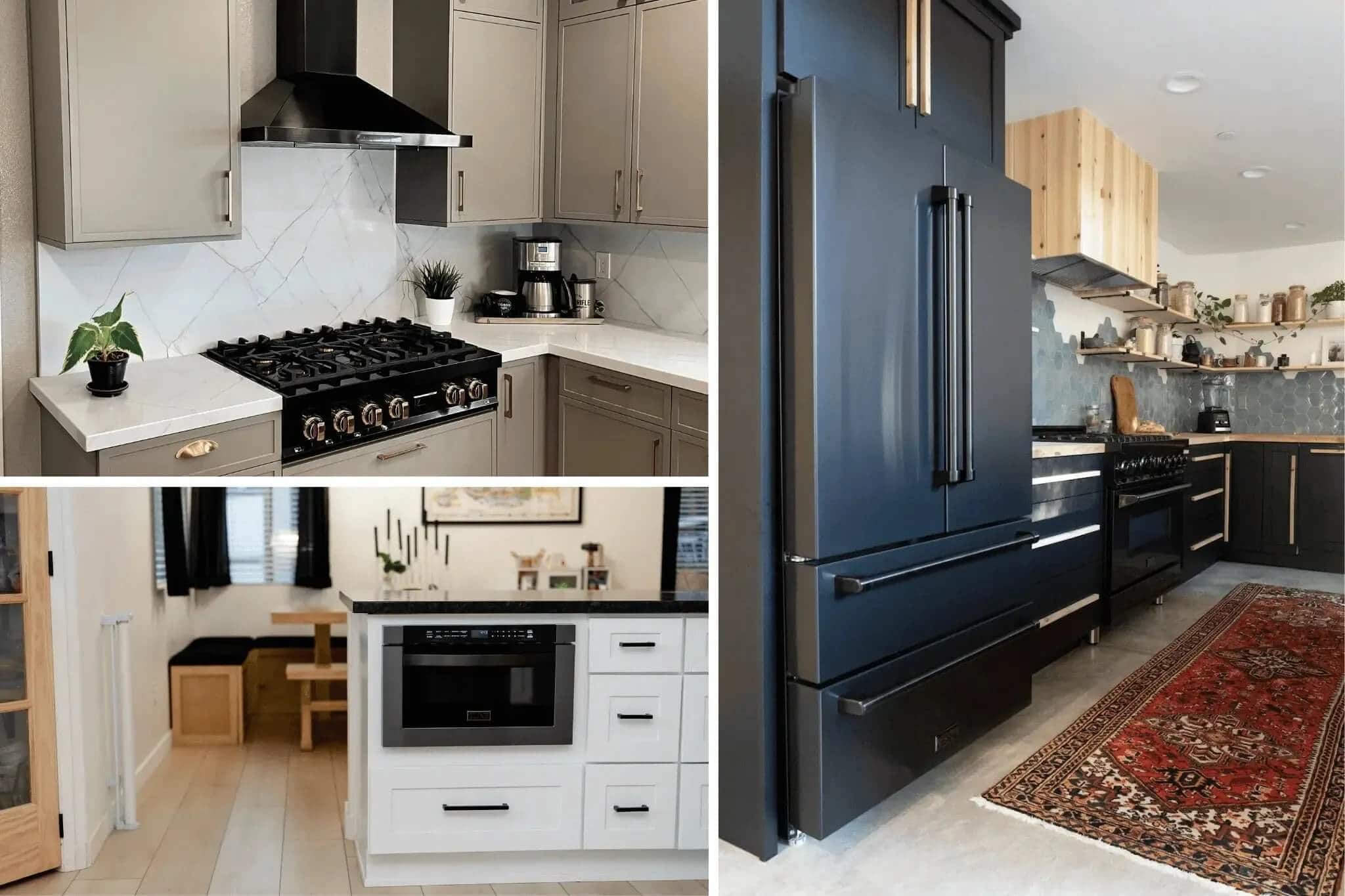 Collage of contemporary chic kitchens with black stainless appliances.