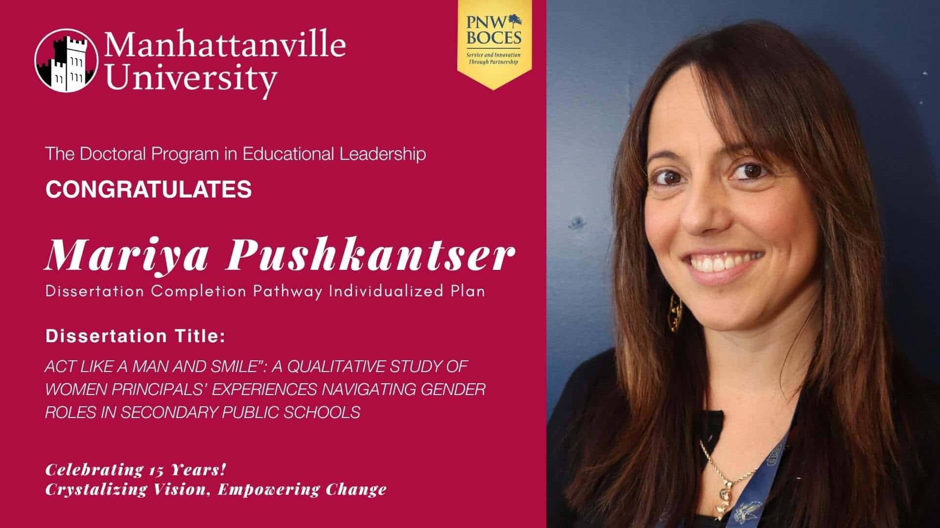 Announcement celebrating a doctoral candidate’s dissertation on women principals navigating gender roles in public schools