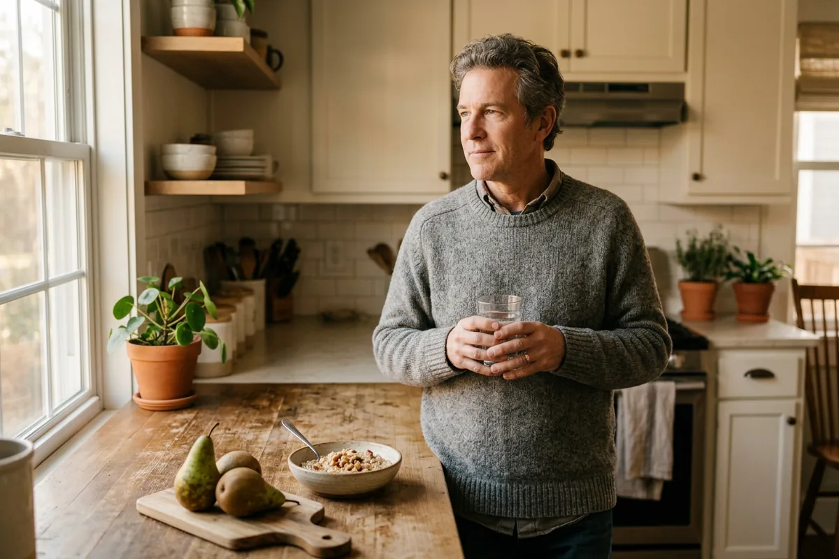 Man in his late fifties in his kitchen with a glass of water, oatmeal and pears on the counter