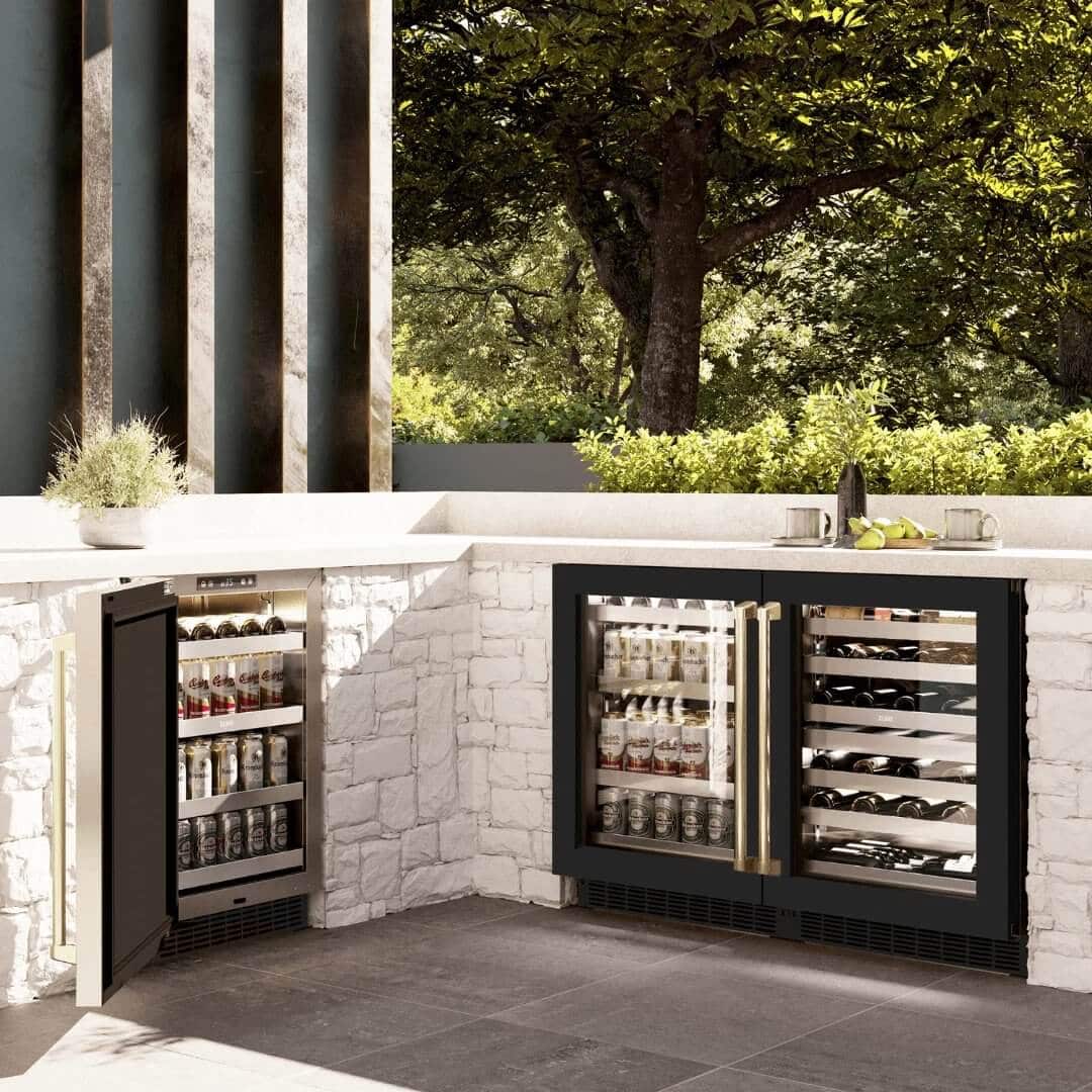ZLINE wine cooler with two matching beverage fridges in an outdoor patio.