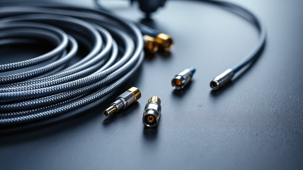 Assortment of RF antenna cables — LMR-400, RG-174 and U.FL coax — terminated with SMA, N-type and RP-SMA connectors on a workbench