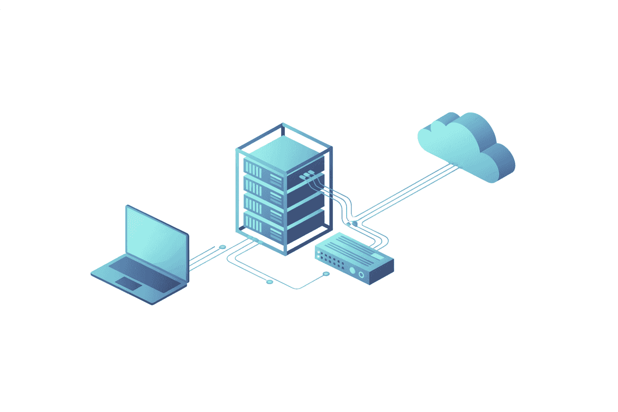 Illustration of small business servers, network equipment, and cloud services connected together