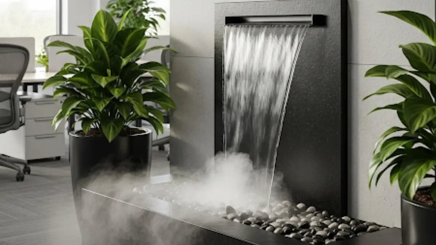 A sleek indoor wall fountain in a modern office, with a visible mist of water vapor rising from the basin to improve air quality and humidity.