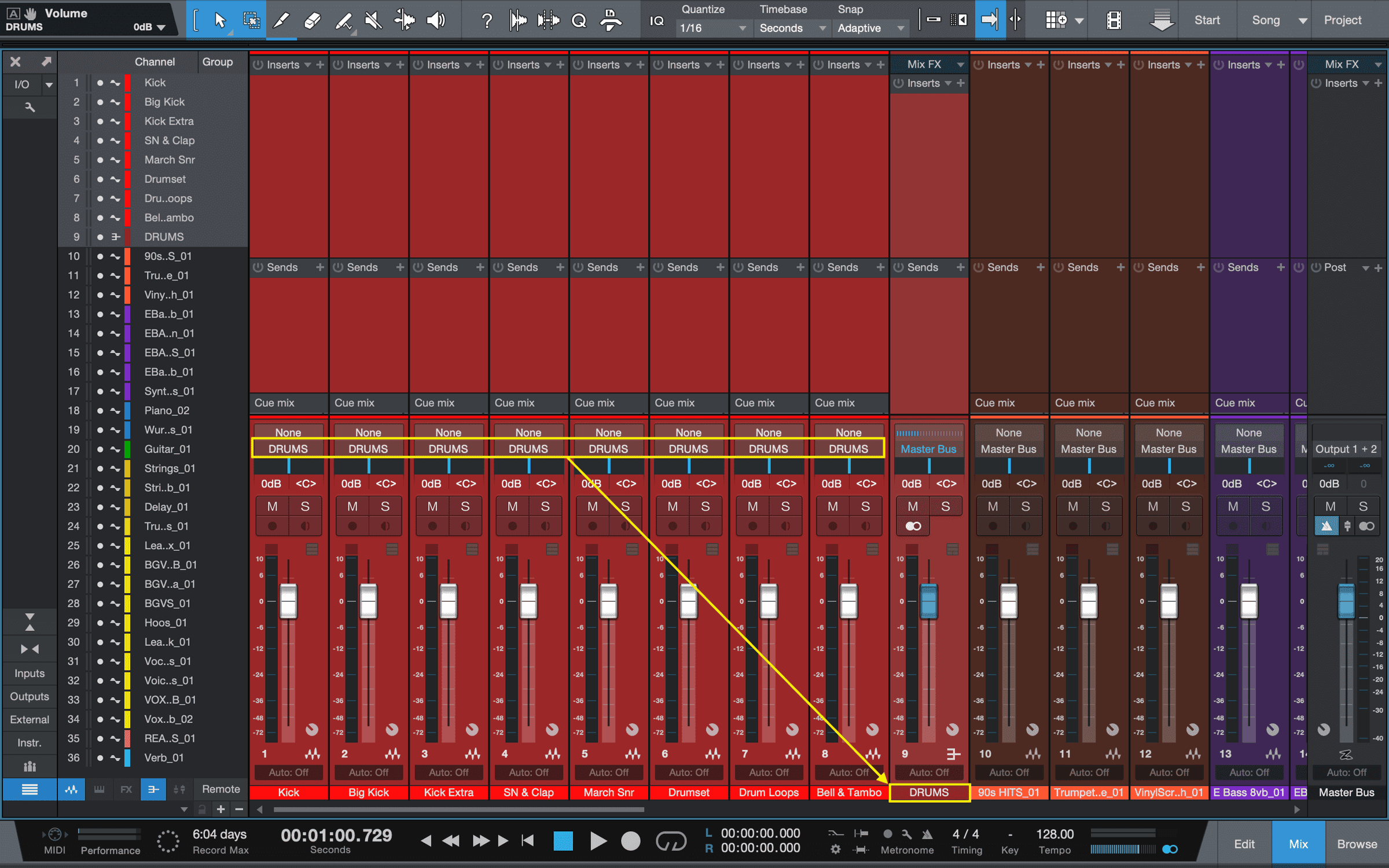 Drum channels routed to a drum subgroup bus (yellow)