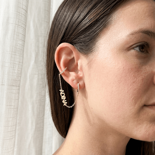 Pave Double Chain Huggie Nameplate Earring