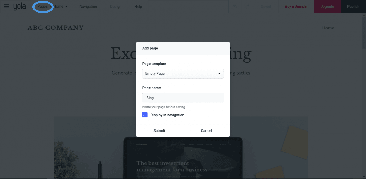 How to create a blog on Yola - Yola add page DropInBlog