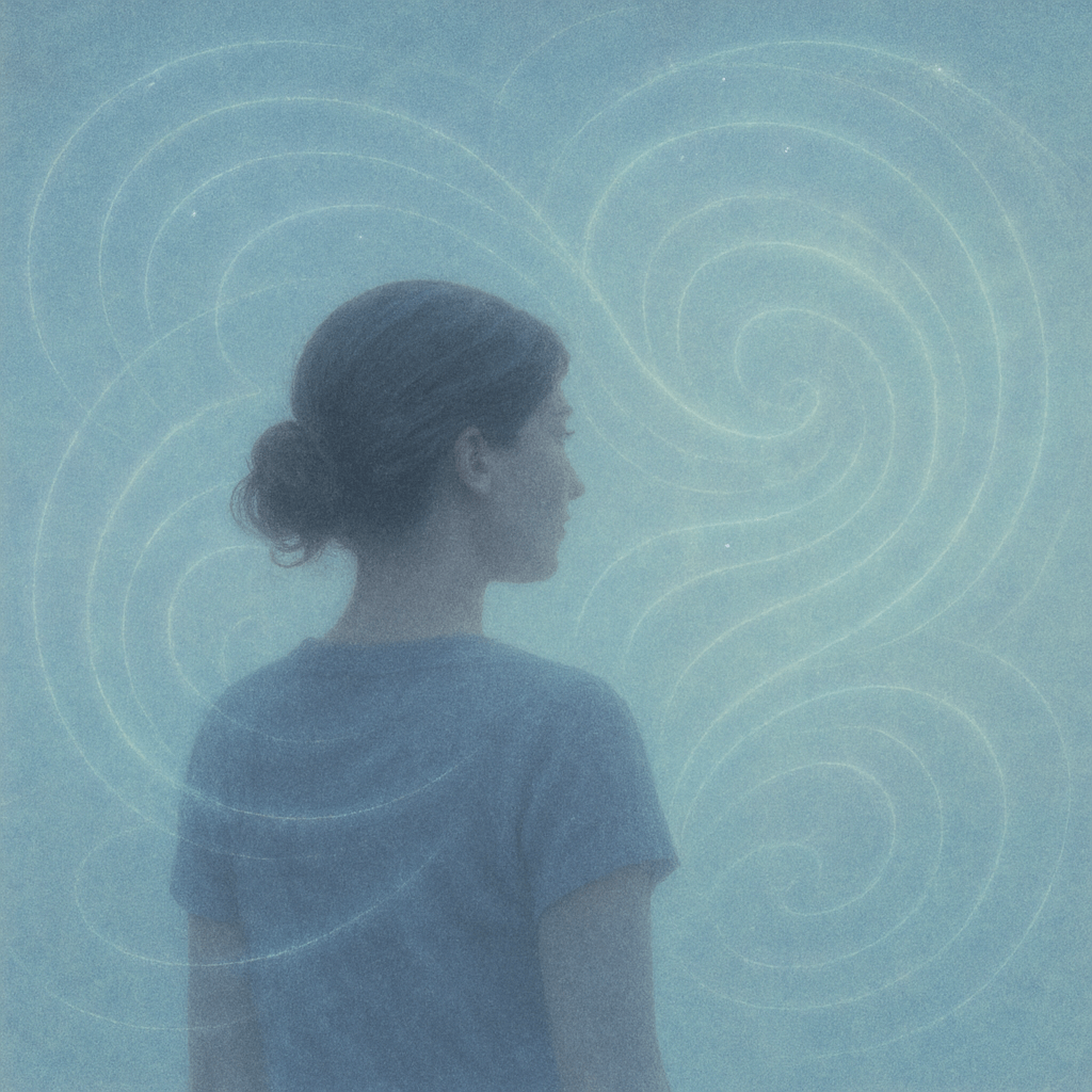 A woman stands peacefully with her eyes closed, surrounded by subtle Reconnective Healing® frequencies in soft blue tones, symbolizing the idea that healing isn’t earned—it’s remembered.