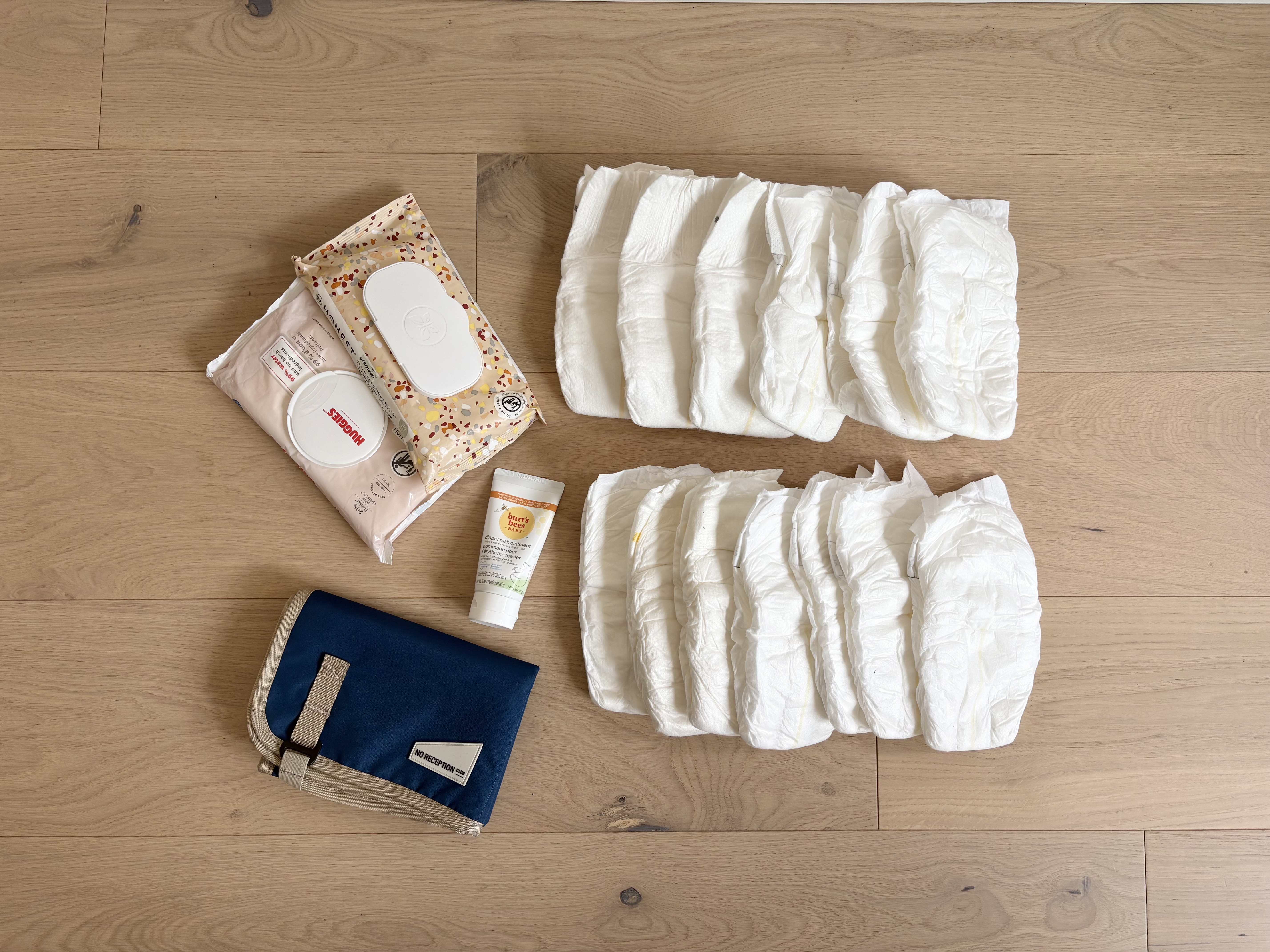 	Approximately twelve diapers, two packs of wipes, diaper cream and an NRC Sidekick changing kit