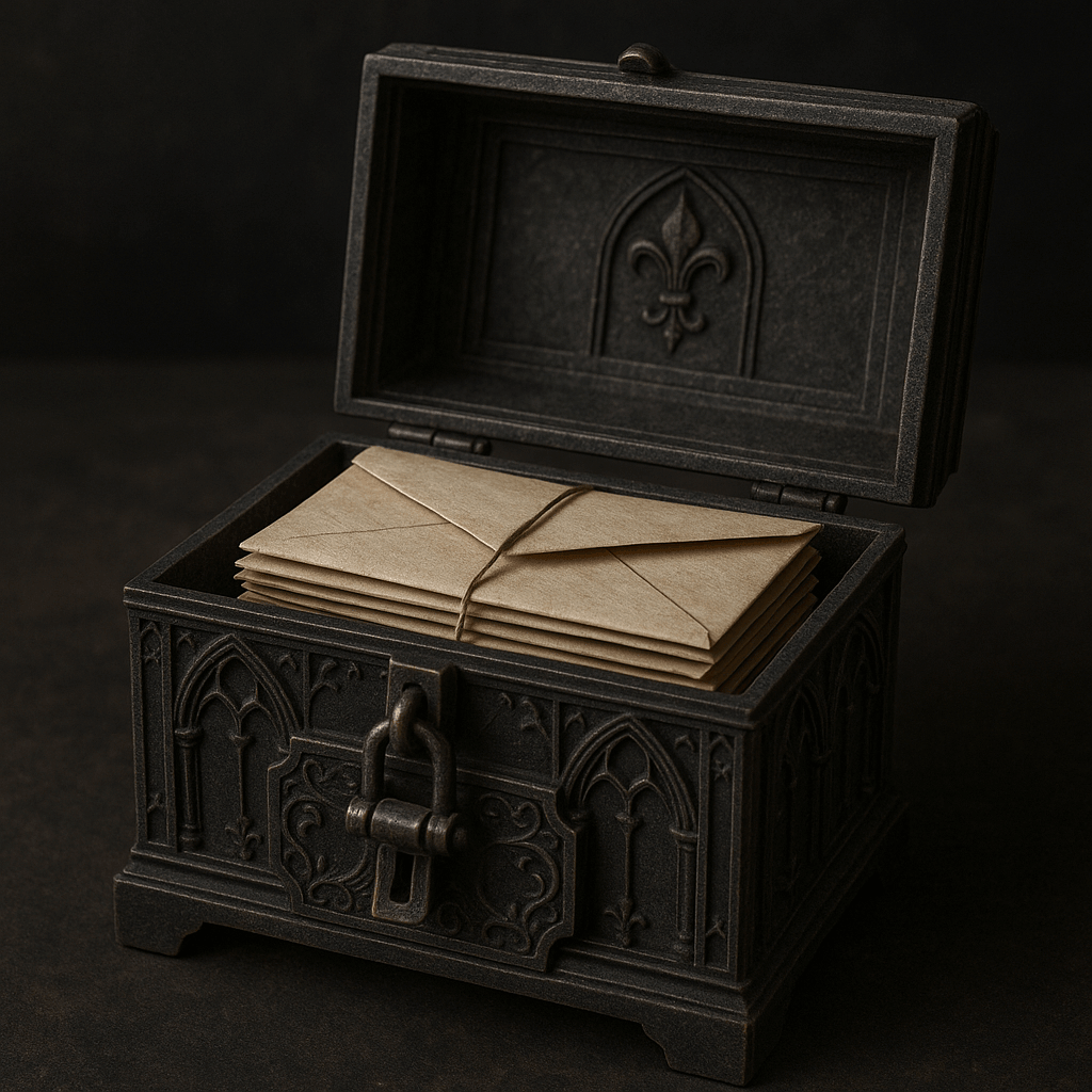The lock box that is opened and revealing the murder mystery party round one envelopes.