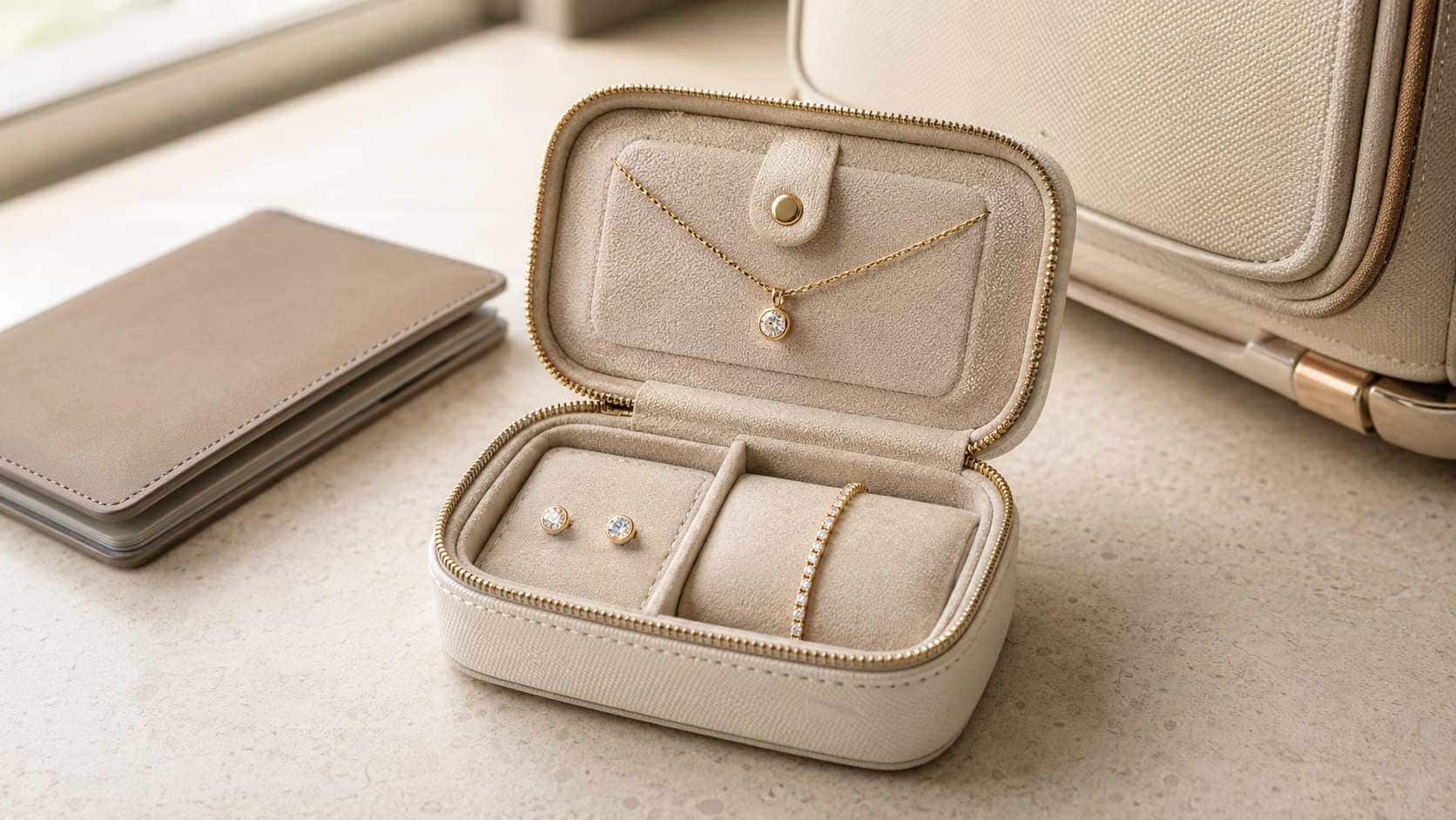 Diamond studs, pendant and bracelet stored separately in a compact jewellery travel case.