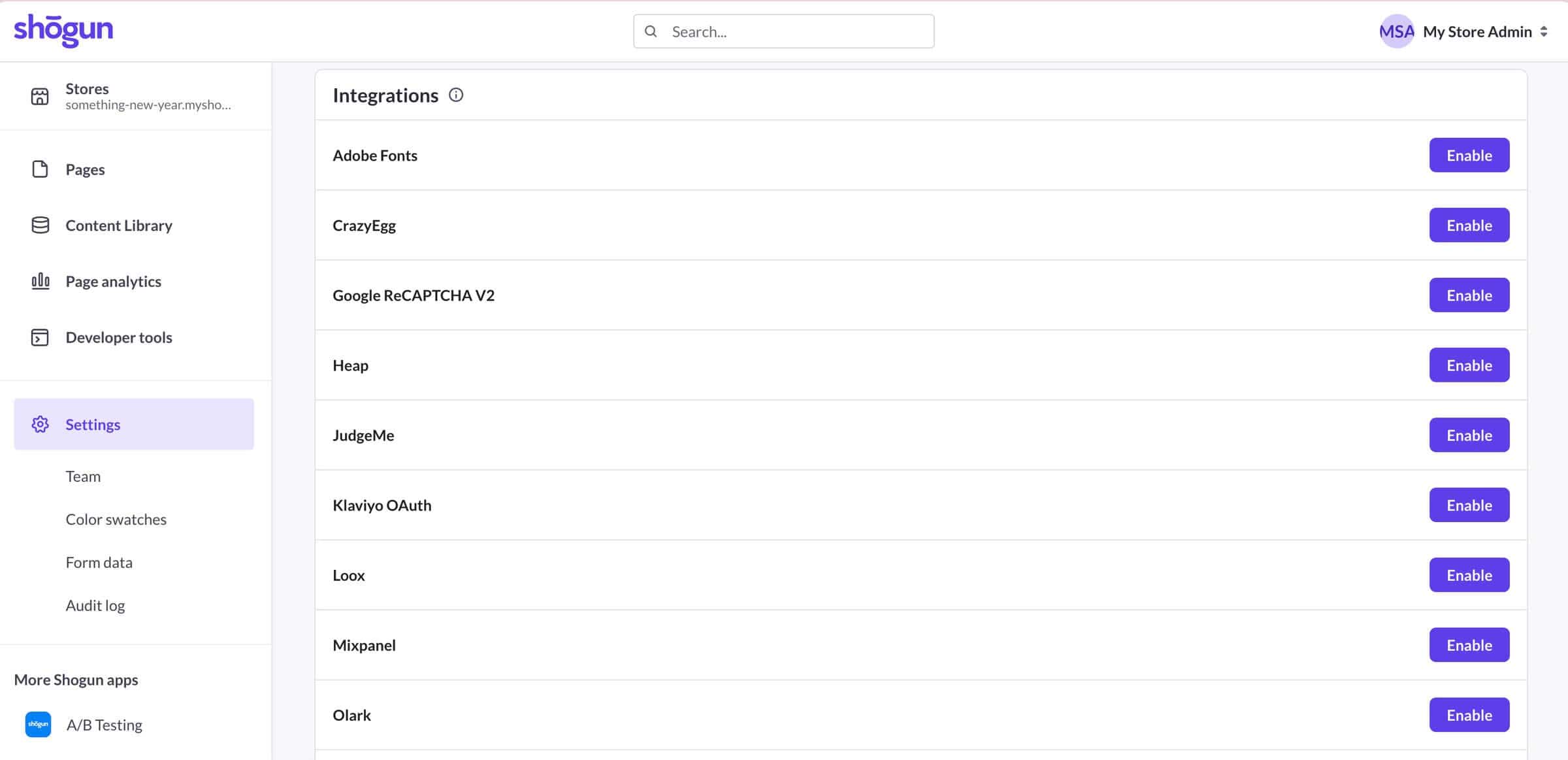 A list of available integrations in the Shogun for Shopify app