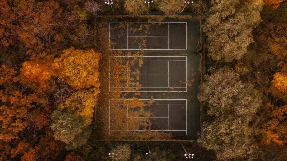 Overhead shot of a pickleball court in fall