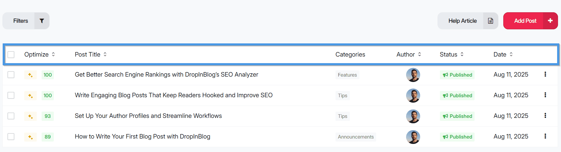 Managing blog posts from within the DropInBlog admin panel