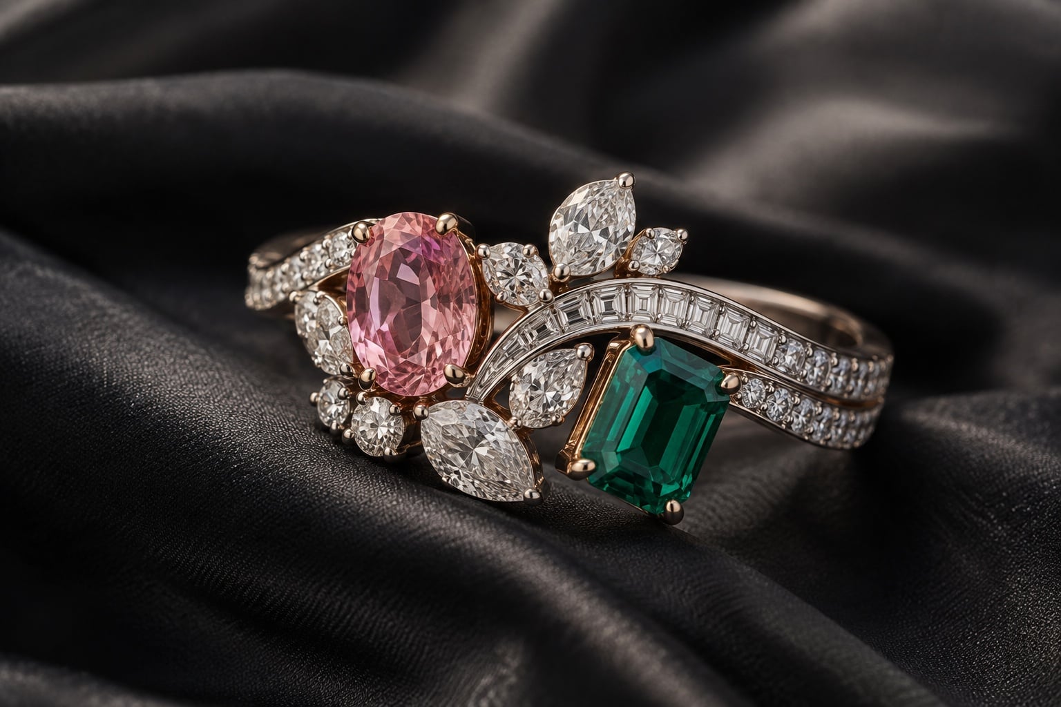 Close editorial view of mixed-cut coloured gemstones and diamonds arranged with geometric rhythm