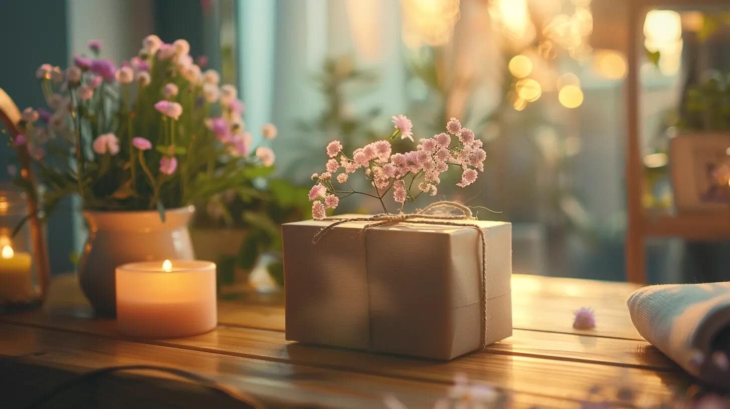 a beautifully arranged mental health care package sits on a softly lit wooden table, surrounded by soothing colors and delicate flowers, conveying warmth and thoughtfulness in a serene atmosphere.
