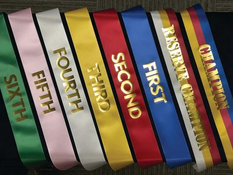 Stock derby rider sashes available in several place colors