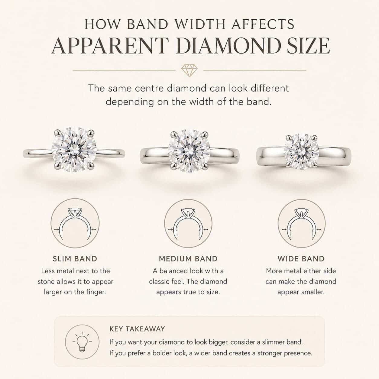 Infographic explaining how slim, medium and wide ring bands affect apparent diamond size