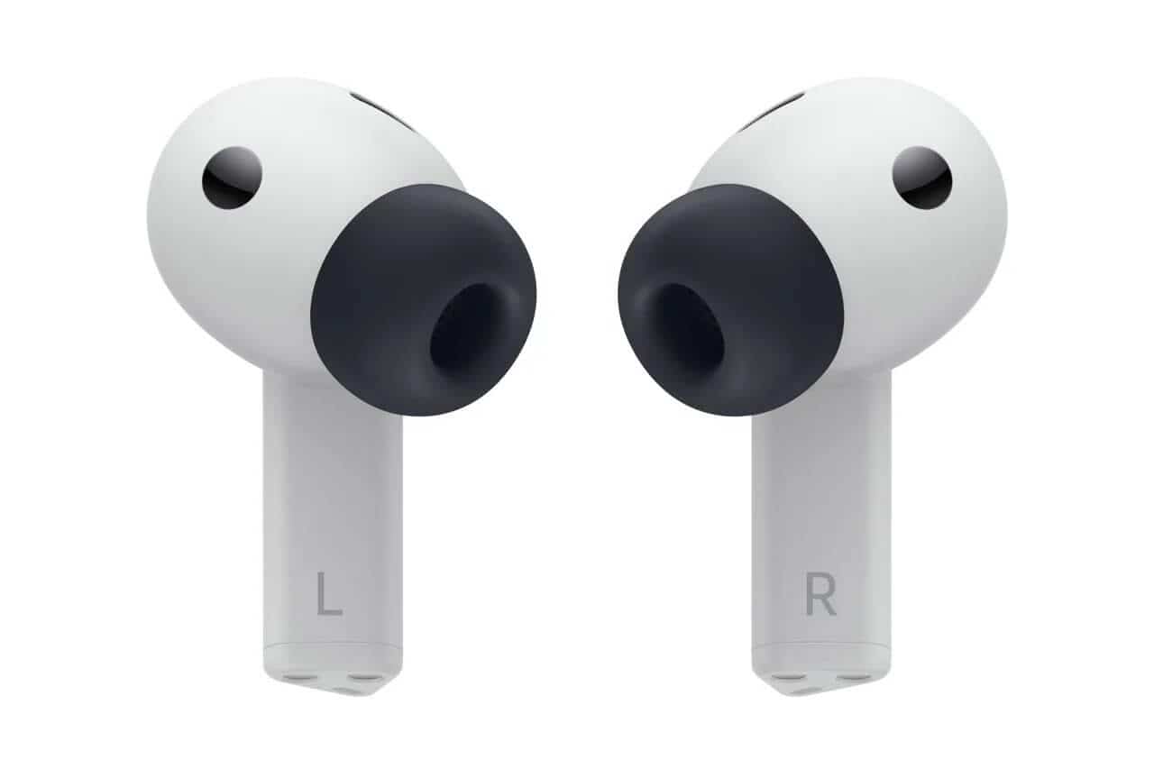 Back shot of the light gray Galaxy Buds 3 FE earbuds
