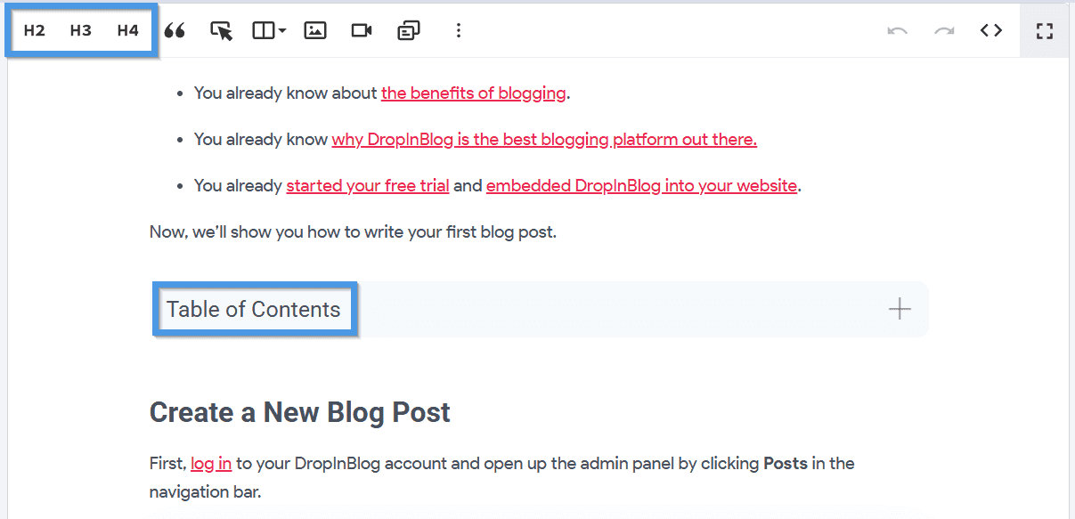Adding headings and a table of content inside the DropInBlog editor