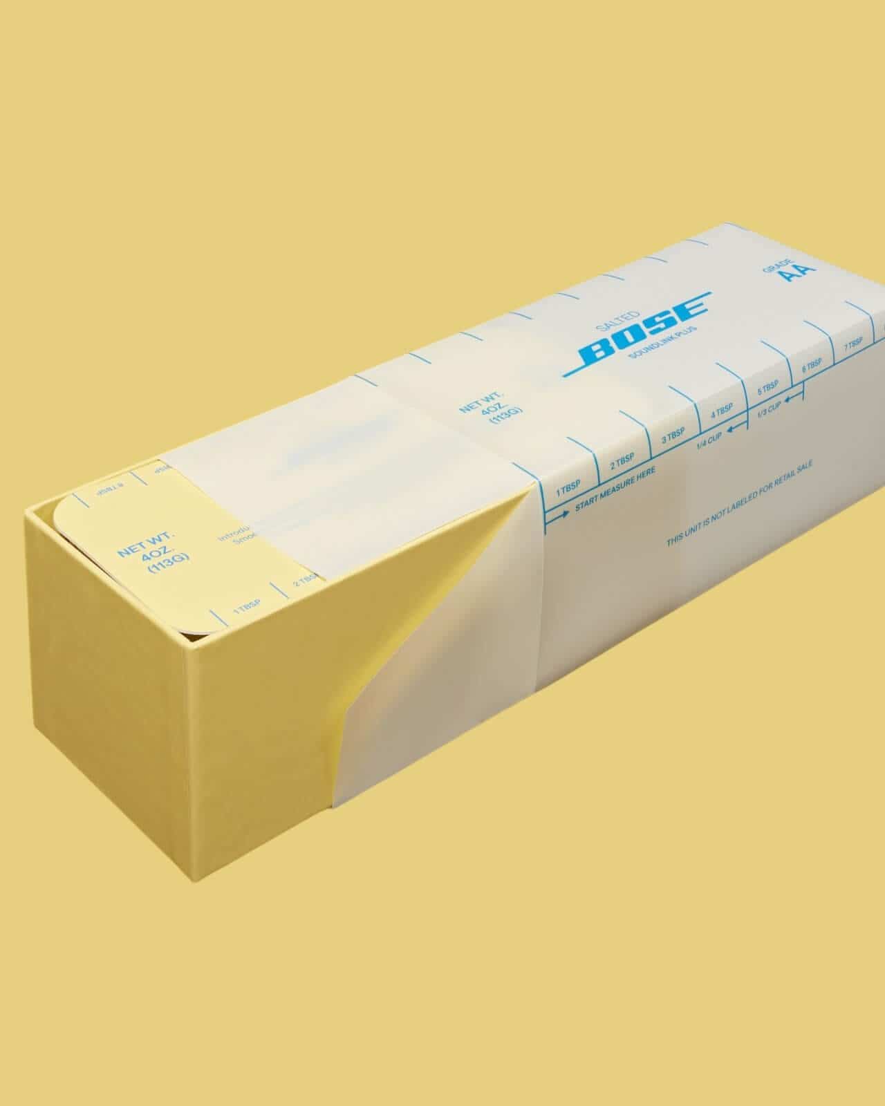 Detailed look at the butter-yellow speaker packaging