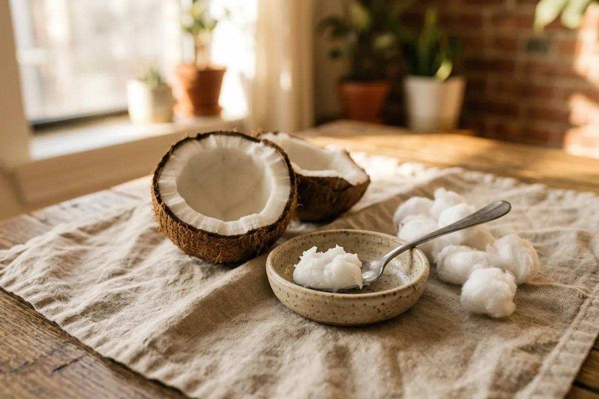 Coconut oil in a small ceramic dish beside a halved coconut and cotton balls on a linen cloth