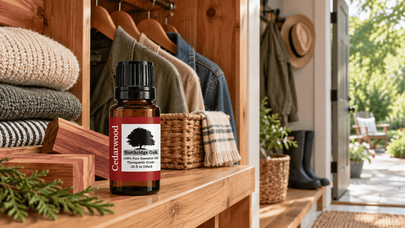 Cedarwood essential oil with cedar blocks and folded clothing in a tidy mudroom