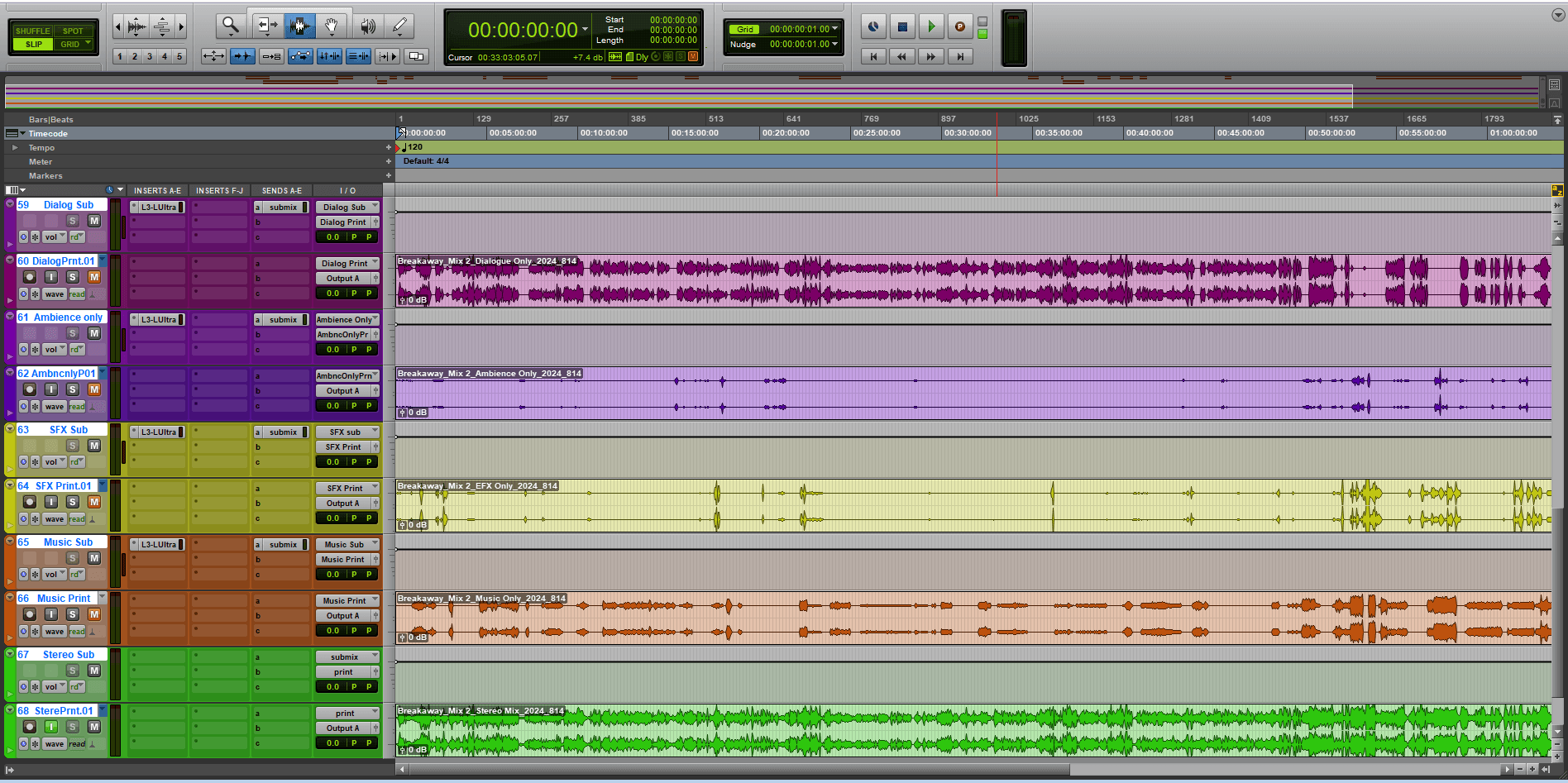 Dialogue, music, and sound effects tracks routed to different tracks for easy separation
