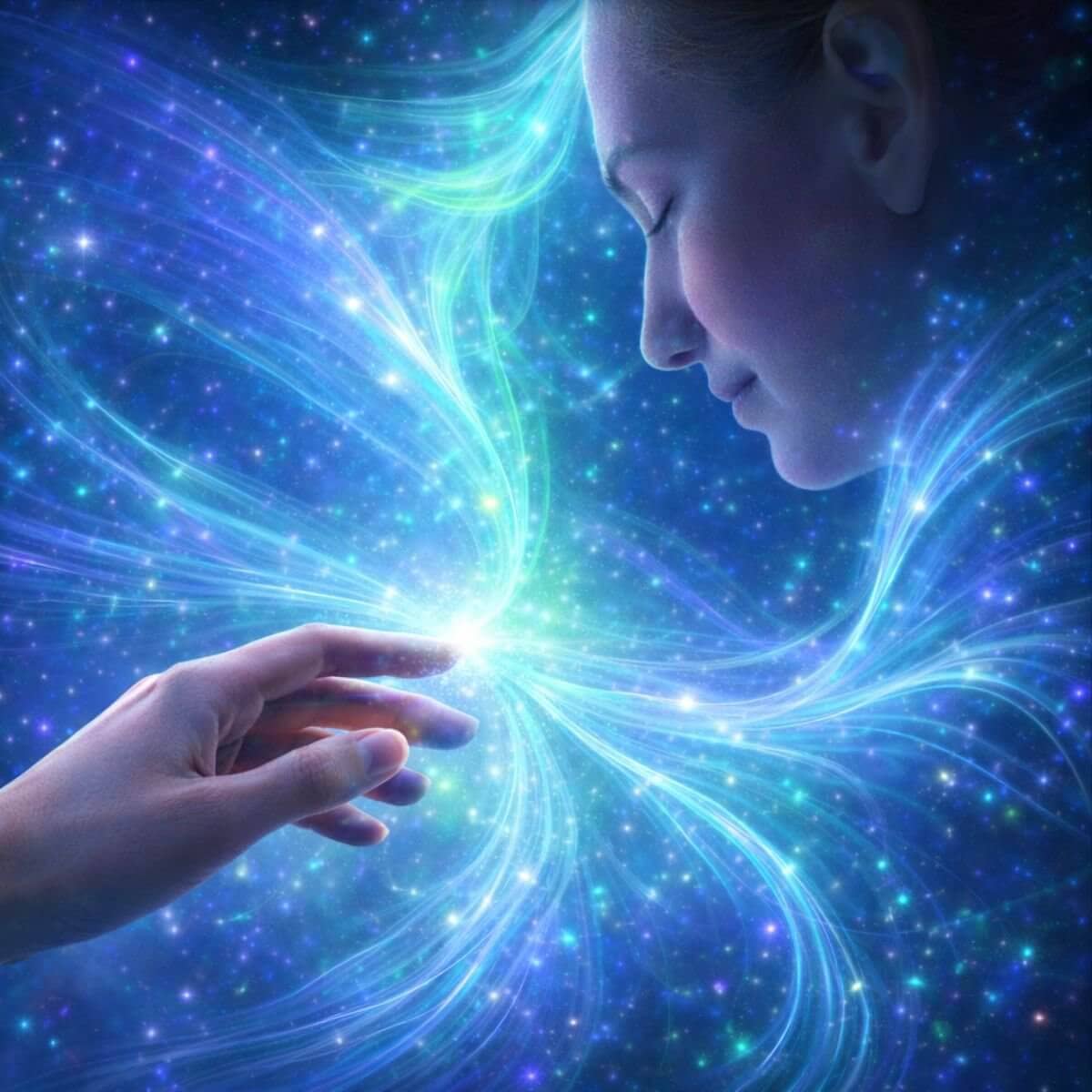 Reconnective Healing Frequencies flowing in blue, green, and purple light as a woman gently interacts with luminous strands of energy, illustrating a moment of awareness and receivership.