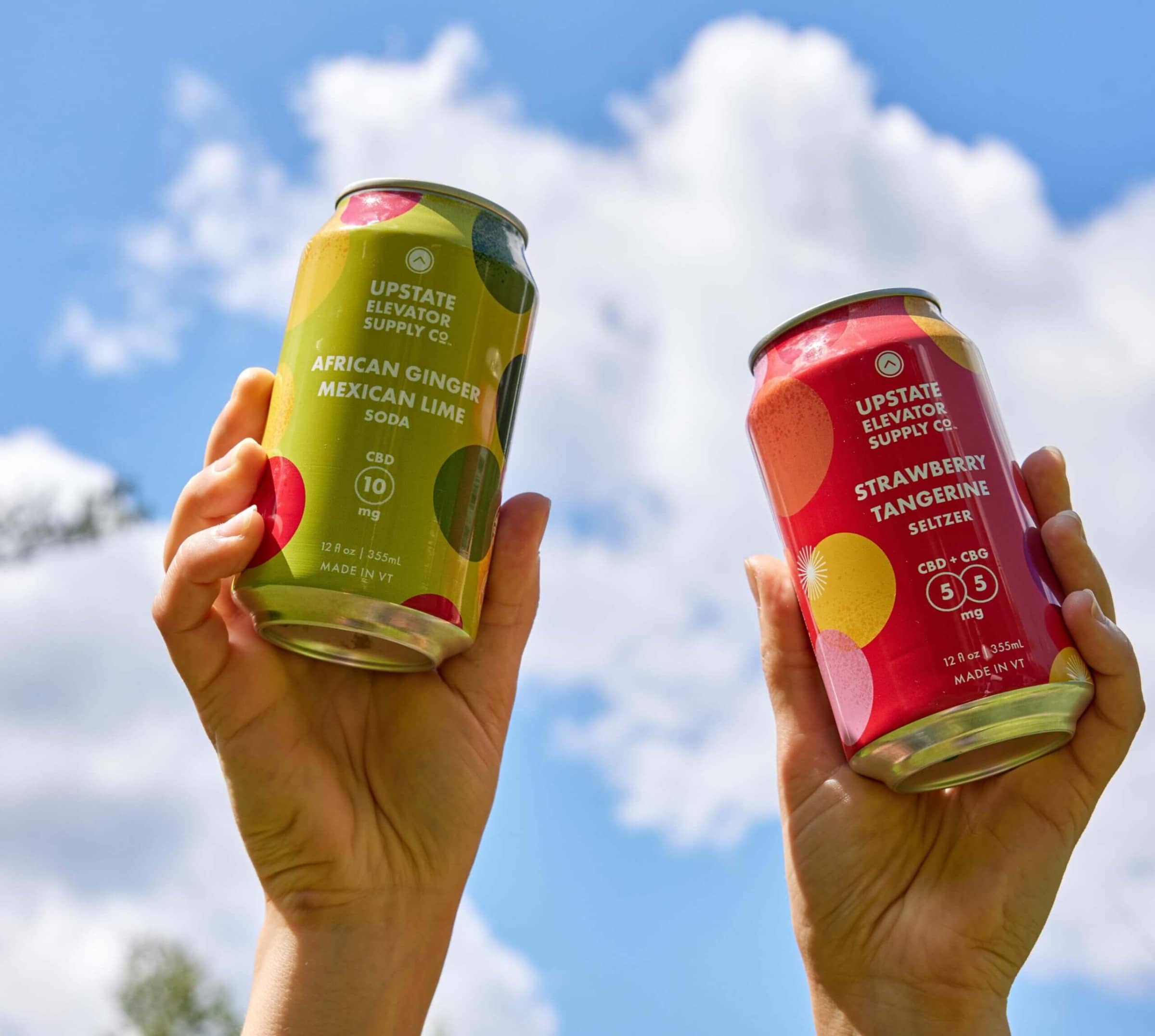 Two hands raising cans of Upstate Elevator African Ginger Mexican Lime soda and Strawberry Tangerine seltzer against a blue sky