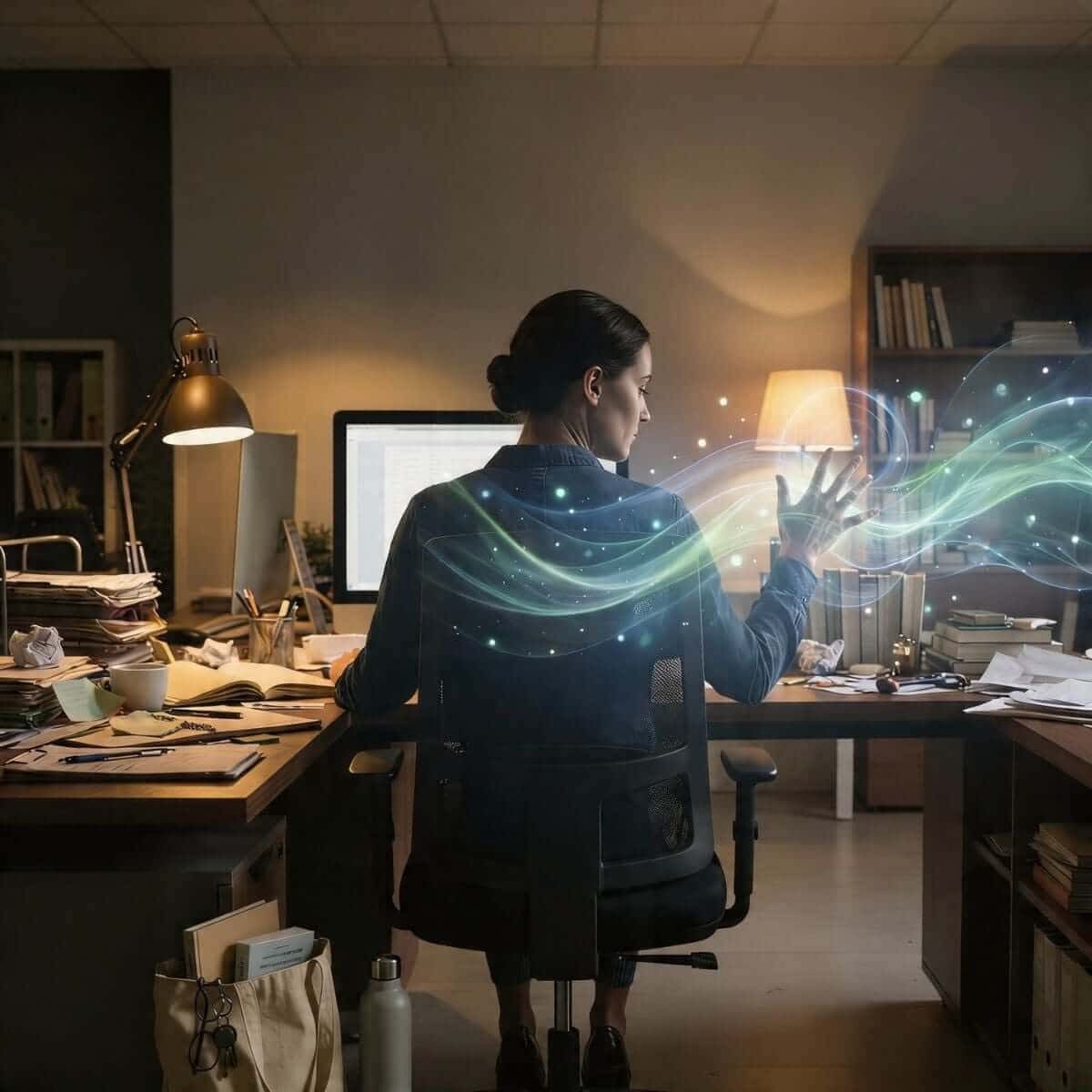 Burnout at a cluttered desk as a woman works on a computer while interacting with Reconnective Healing® frequencies that bring calm and coherence to her environment