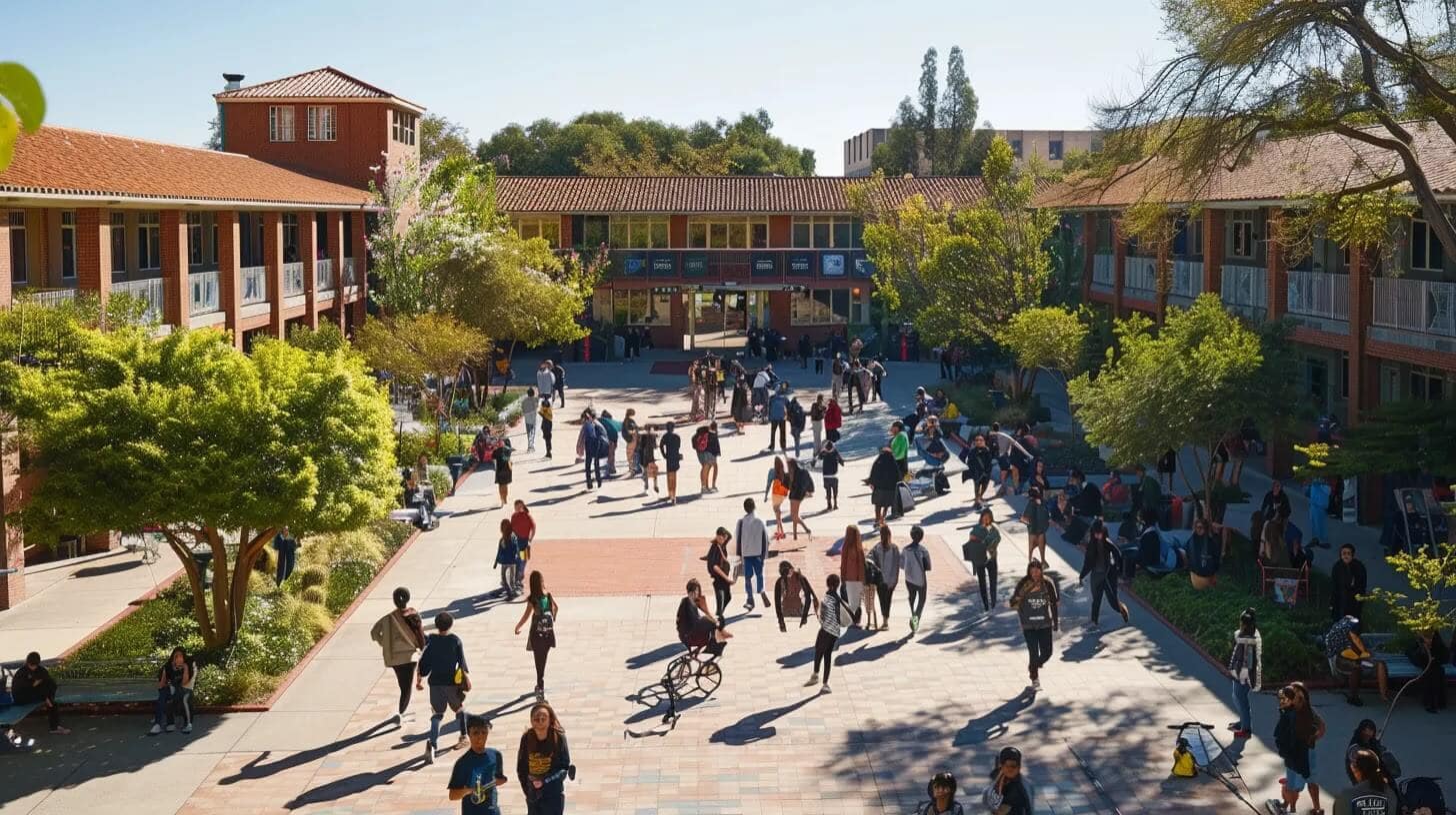 a vibrant college courtyard filled with diverse students energetically participating in various group sports and fitness activities, radiating enthusiasm and a sense of community amidst lush greenery under a bright, sunny sky.
