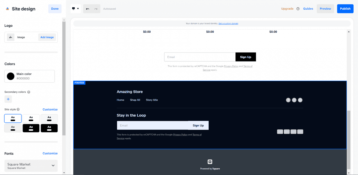 Square online builder site design