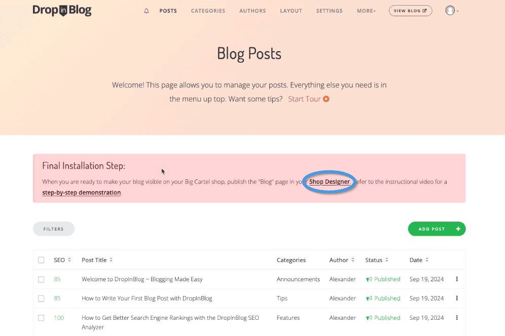 Big Cartel blog install step