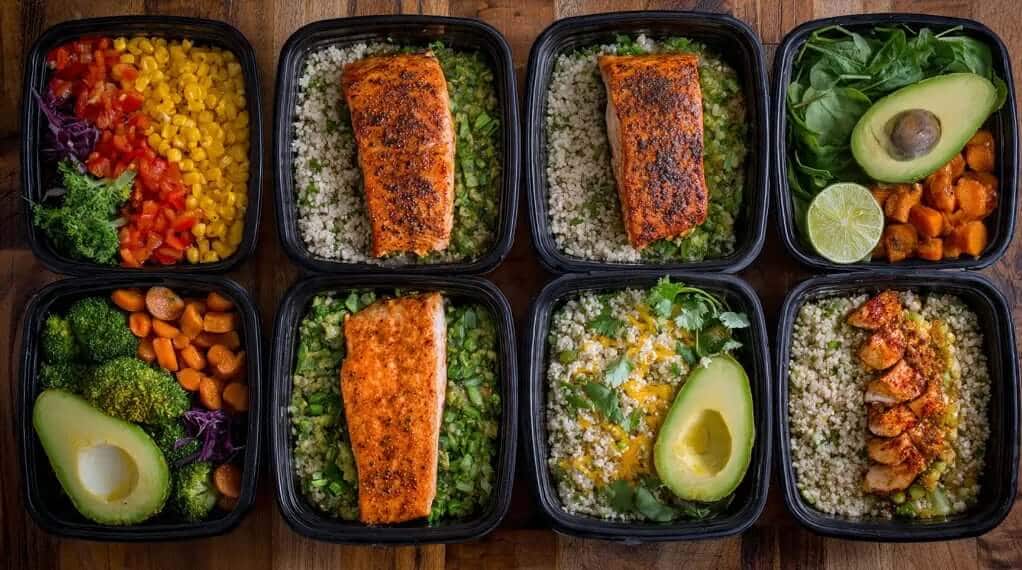 Portioned meal prep containers with seasoned salmon, cilantro lime rice, avocado, broccoli, carrots, corn, spinach, and grilled chicken for healthy meal delivery.