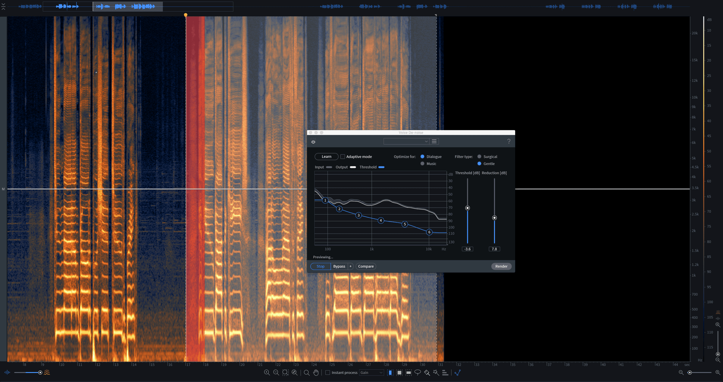 RX Voice De-noise module set to normally process this audio, with much less reduction