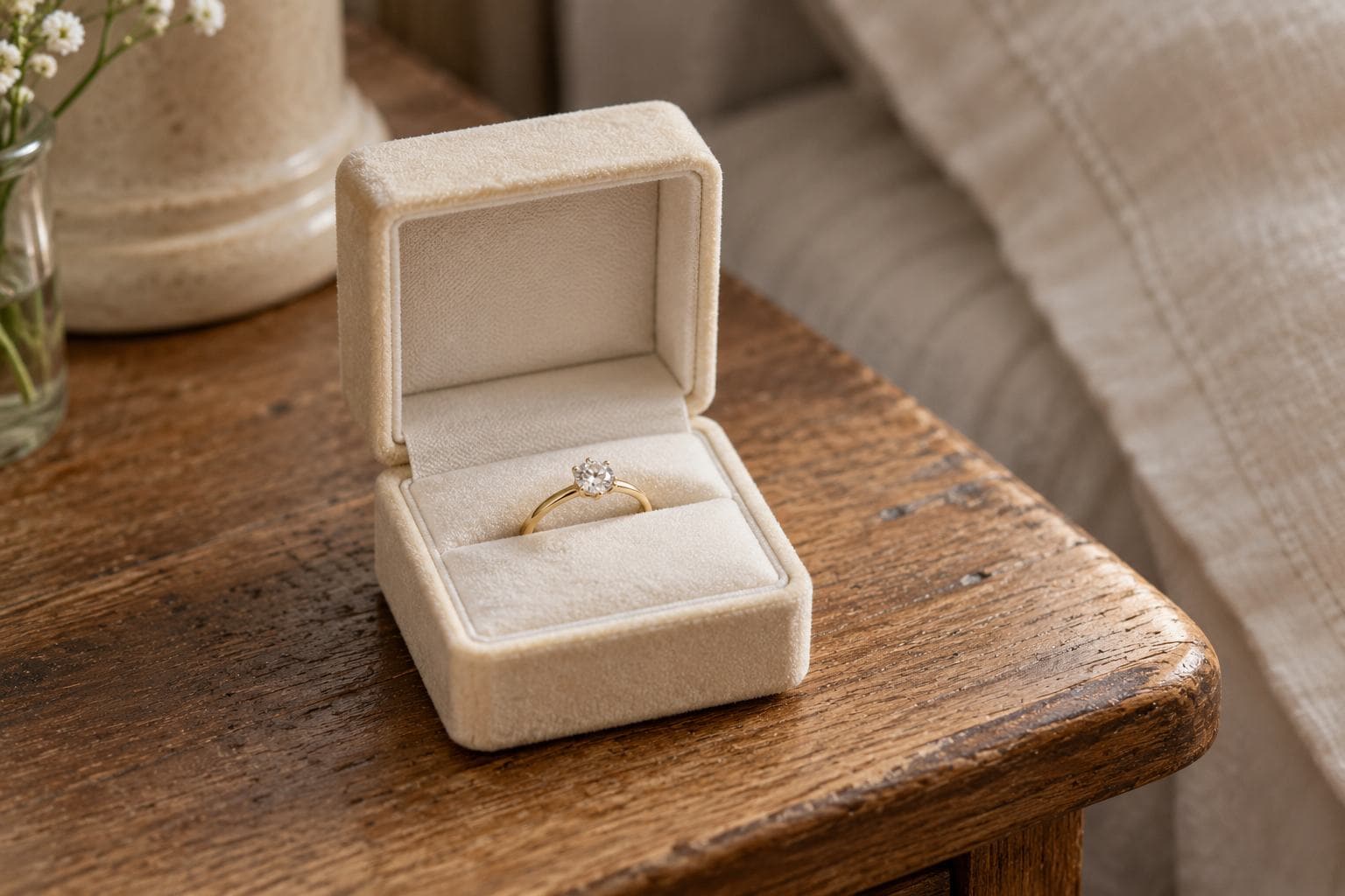 A single yellow-gold diamond engagement ring kept in a small unbranded keepsake box.
