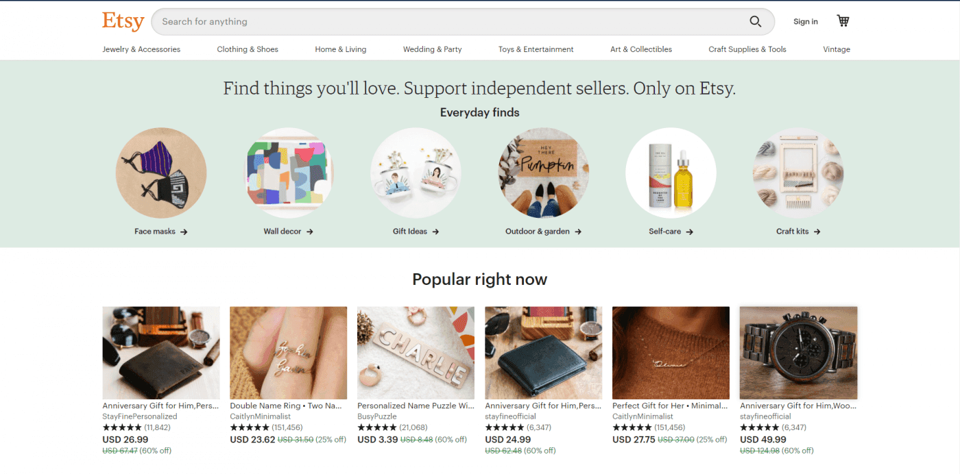 Etsy home page