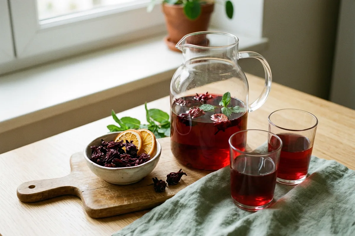 Carafe d'infusion froide d'hibiscus avec des calices séchés et de la menthe sur une table
