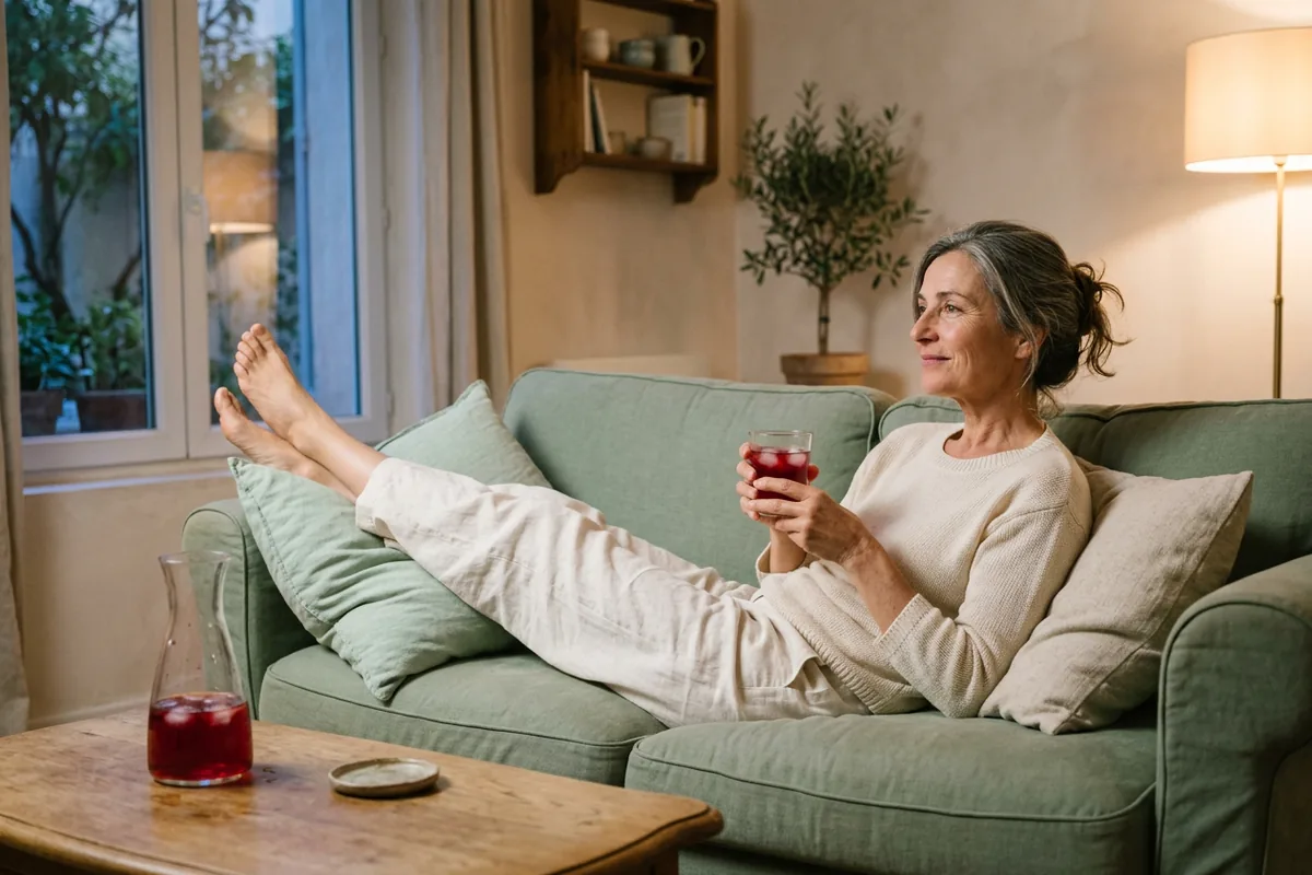 Femme qui se repose sur le canapé, jambes surélevées, un verre d'hibiscus à la main