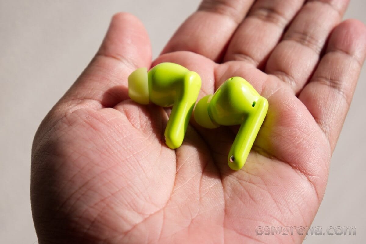 Close-up showing the earbuds’ simple yet ergonomic shape